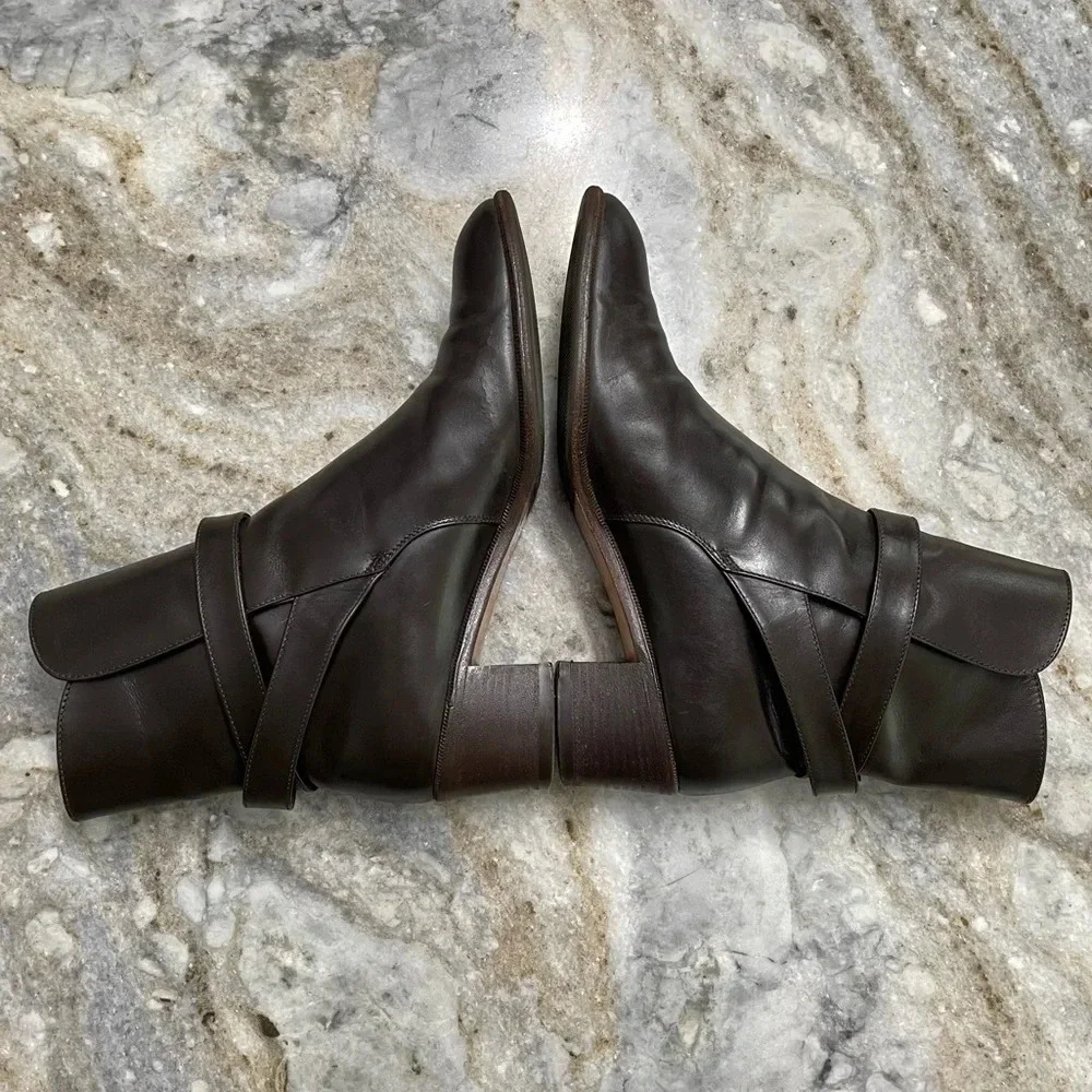Salvatore Ferragamo Brown Leather Ankle Heeled Boots Size 6B Gold Buckle Detail